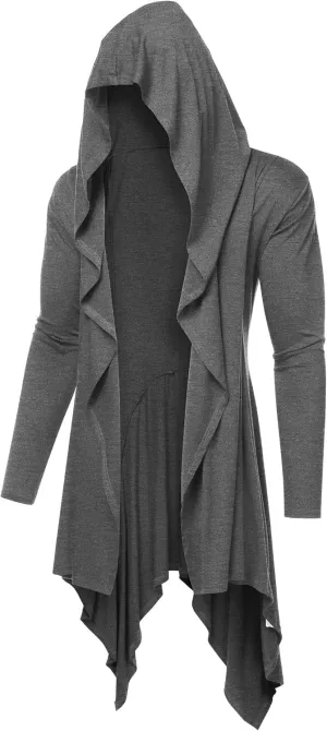 COOFANDY Long Hooded Cardigan Ruffle Shawl Collar Open Front Lightweight Drape Cape Overcoat with Pockets