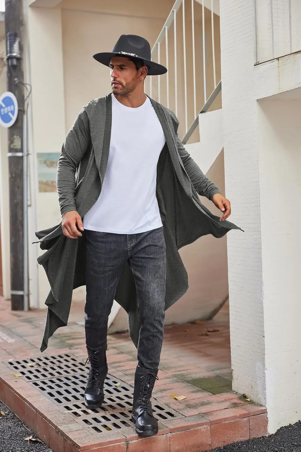 COOFANDY Long Hooded Cardigan Ruffle Shawl Collar Open Front Lightweight Drape Cape Overcoat with Pockets