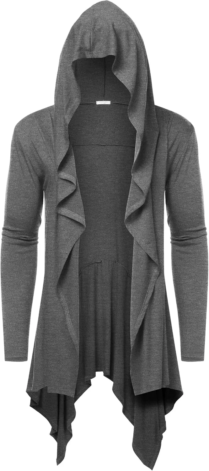 COOFANDY Long Hooded Cardigan Ruffle Shawl Collar Open Front Lightweight Drape Cape Overcoat with Pockets