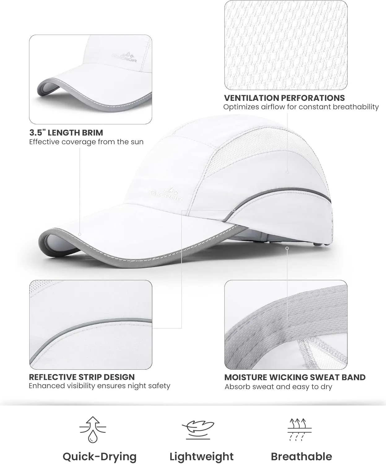 GXCROR Quick-Dry Running Hat for Men & Women - UPF 50  Breathable Mesh, Reflective Sports Cap for Outdoor, Hiking
