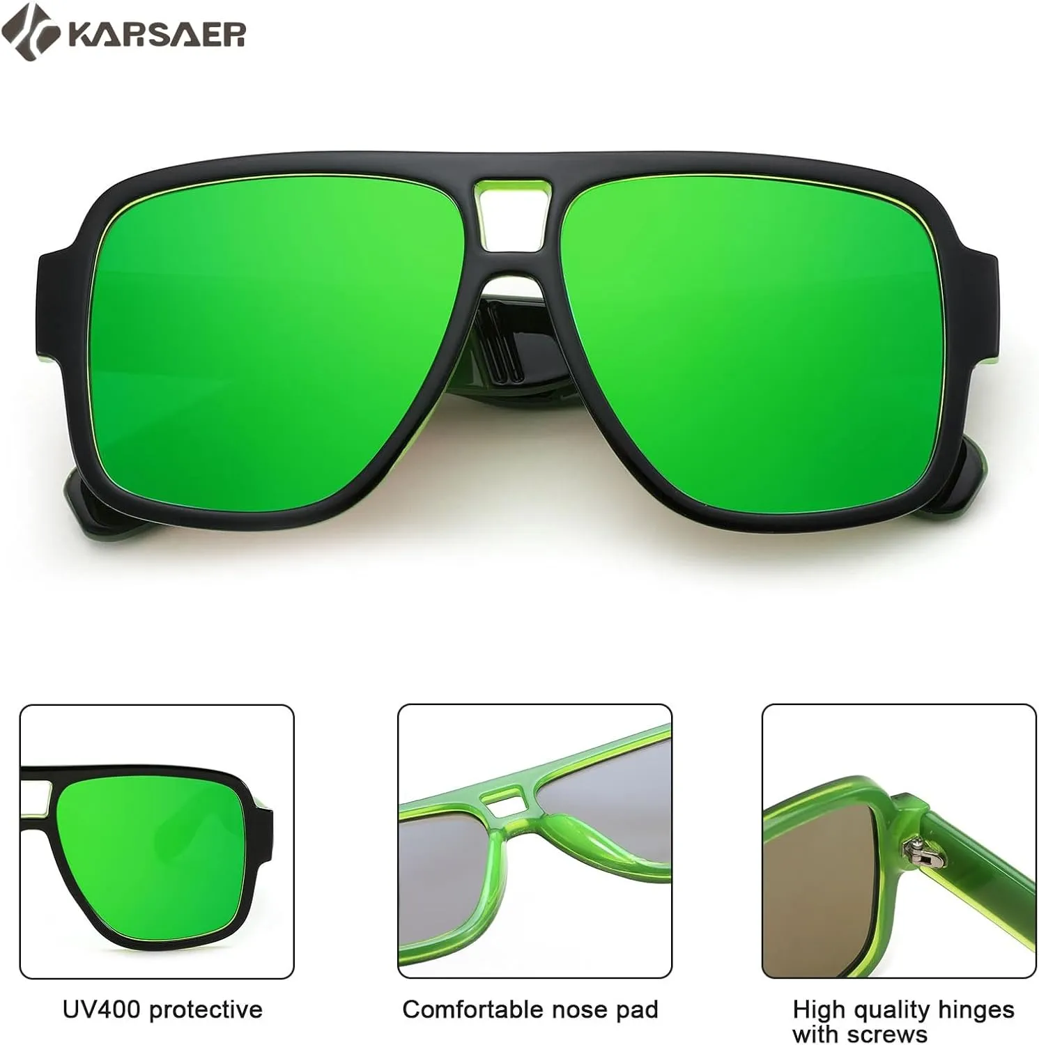Karsaer Retro 70s Inspired Aviator Eyewear for Men and Women, Double Bridge Square Frame, Bold Pilot Design K7123