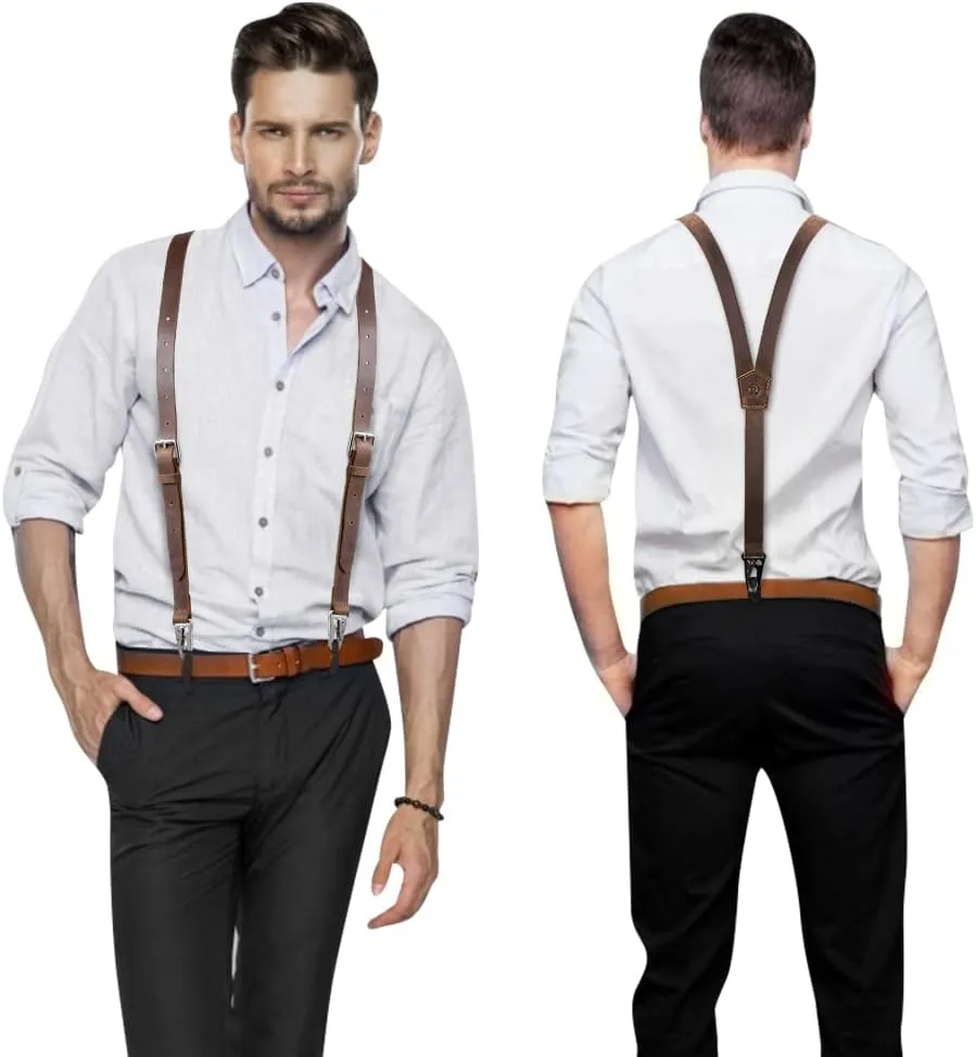 Ringsun Genuine Leather Suspenders for Men, Y Design Leather Suspenders