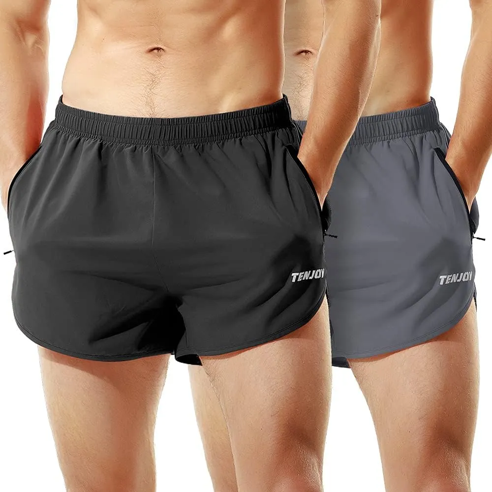 TENJOY Men's Running Shorts Gym Athletic Workout Shorts for Men 3 inch Sports Shorts with Zipper Pocket